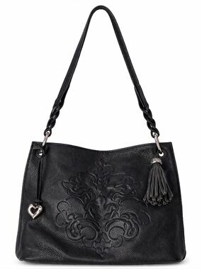 Brighton Black Leather Embossed Scroll Shoulder Bag Tassel Purse Boho Luxe